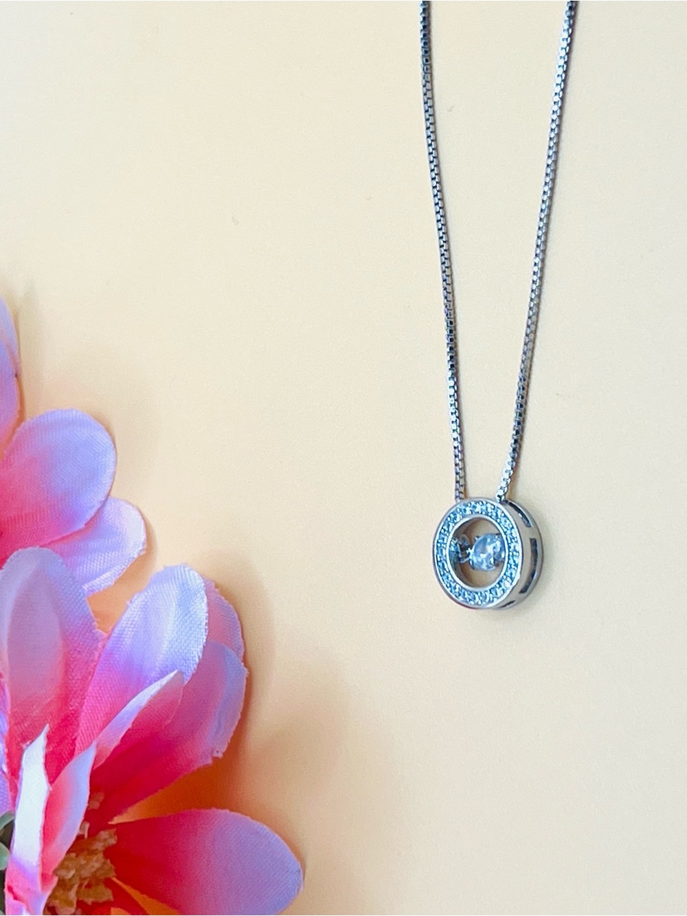 Sterling Silver Sparkling Circle Pendant Necklace - Crystal